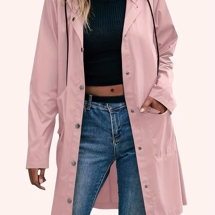 Windproof hooded trench coat, pink with button front and side pockets