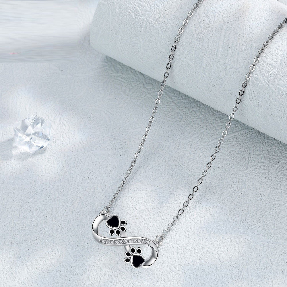 Infinity paw print necklace with zirconia, black enamel paw print infinity pendant