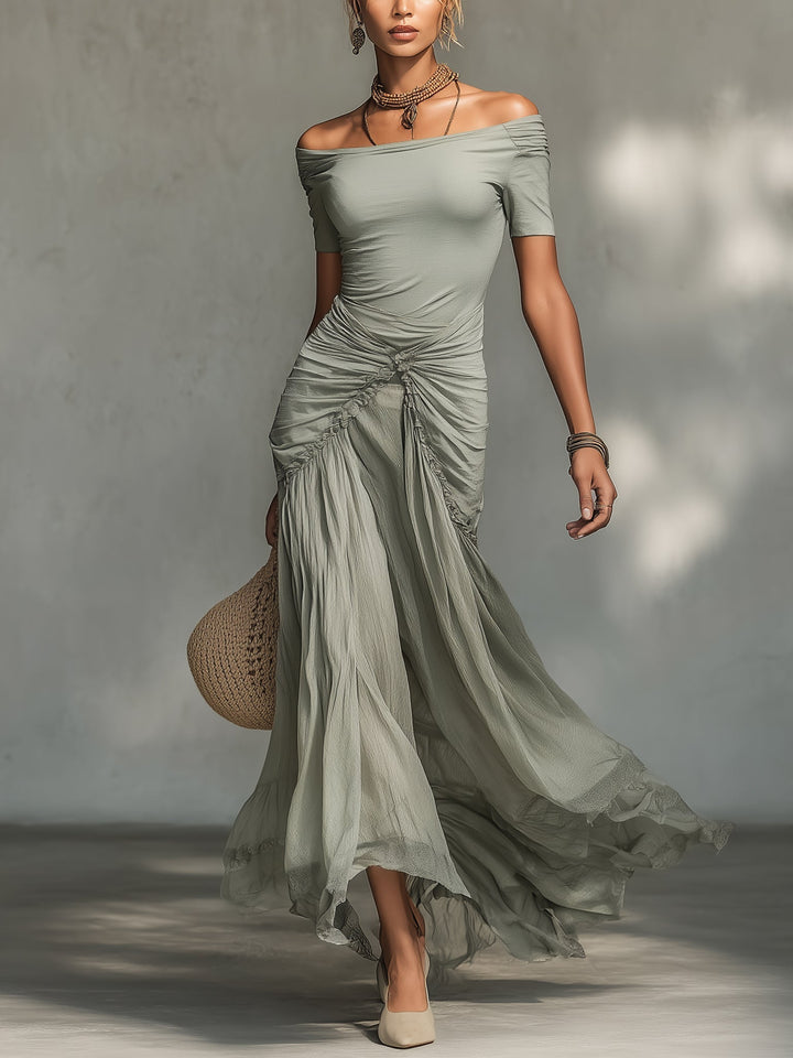 Freya | Grey Off-Shoulder Chiffon Maxi Dress
