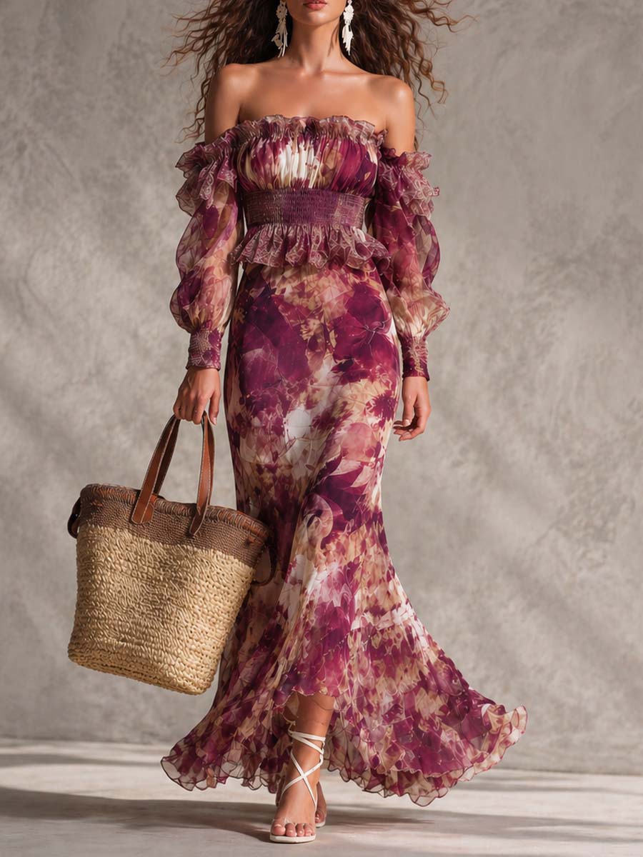 Pale Pink Off-Shoulder Maxi Chiffon Dress with Flowers