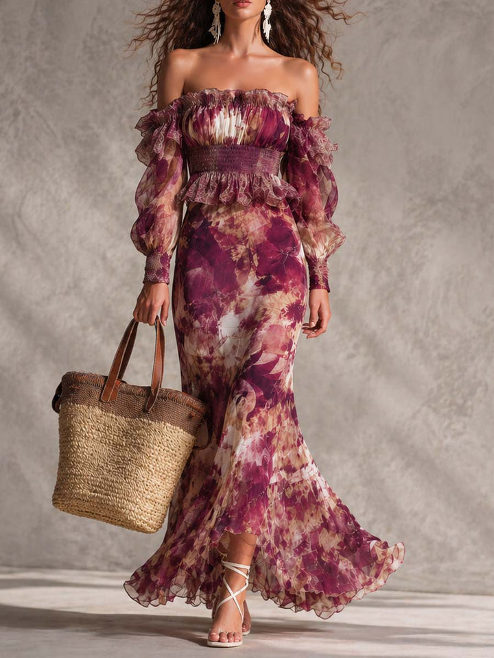 Pale Pink Off-Shoulder Maxi Chiffon Dress with Flowers