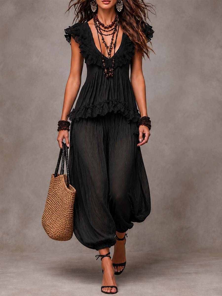 Black Bohemian V-Neck Set