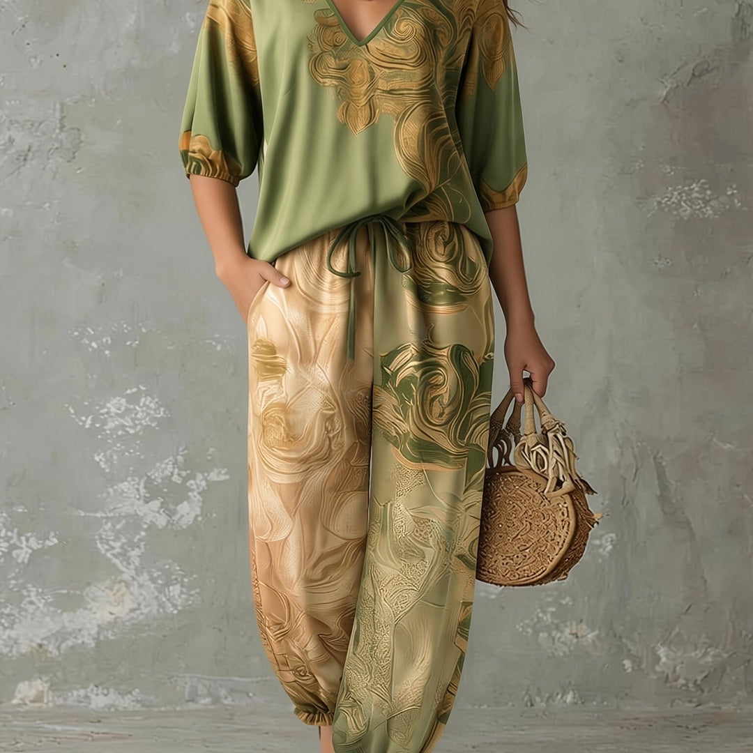 Genevieve | V-Neck Top & Cuffed Wide-Leg Trousers Set