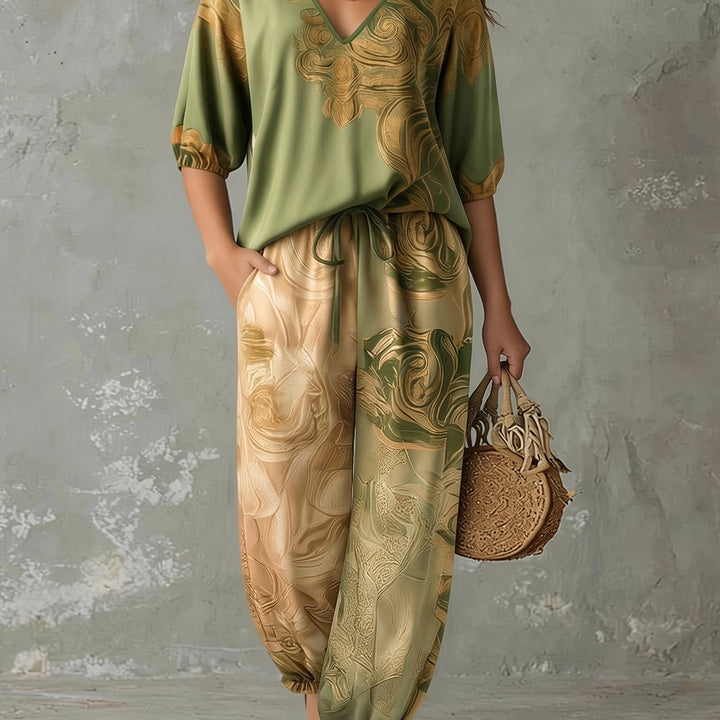 Genevieve | V-Neck Top & Cuffed Wide-Leg Trousers Set