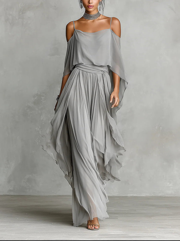Grey chiffon set with a fluid strapless top and trousers