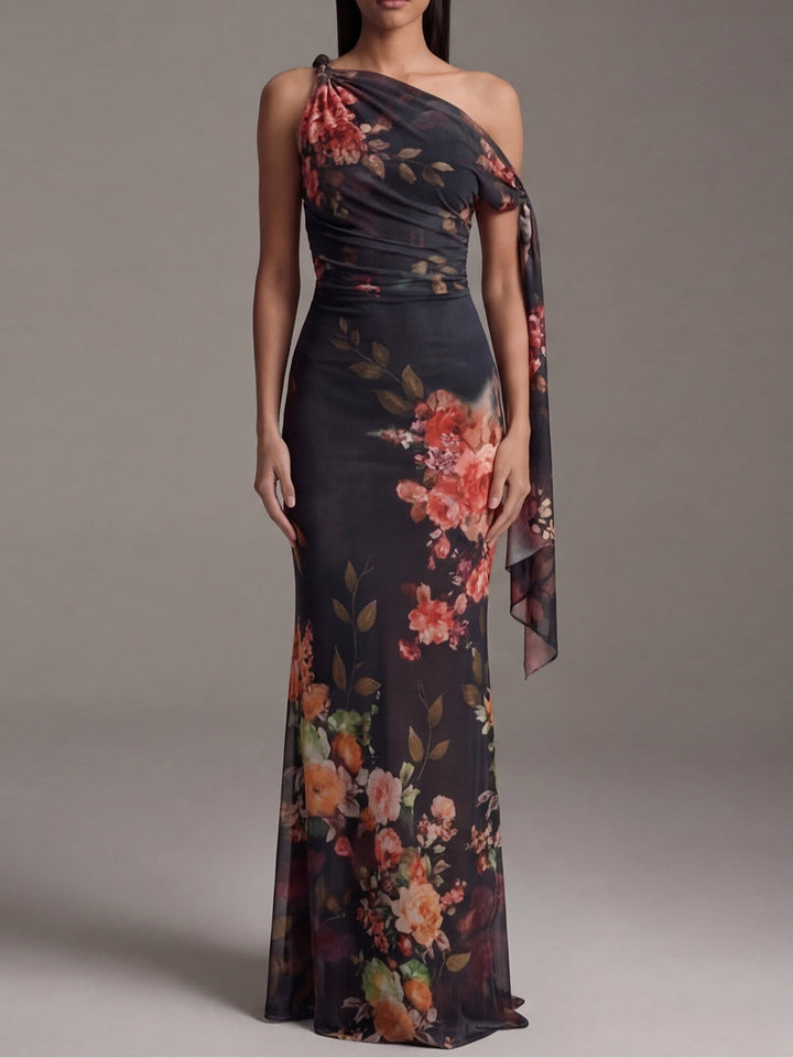 Black Printed Chiffon Pleated Maxi Dress with One Shoulder