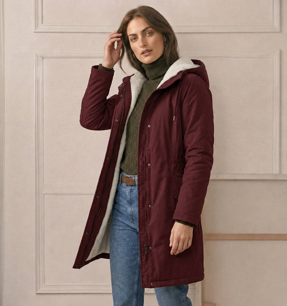 Maroon waterproof hooded parka with sherpa-lined collar, front zip, and flap pockets.