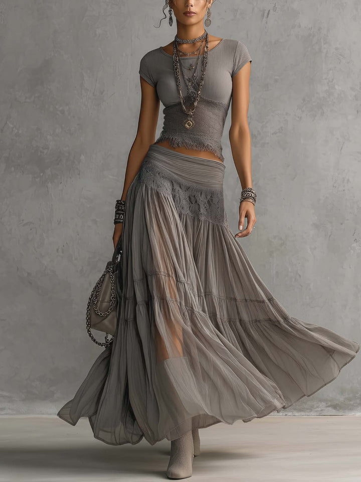 Grey Top in Transparent Lace with Panels and Pleated Maxi Skirt Set