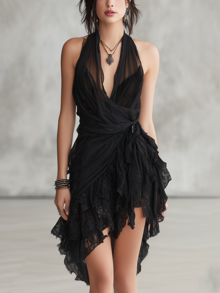 Black Lace Mini Dress with Halter Neck and Ruffles