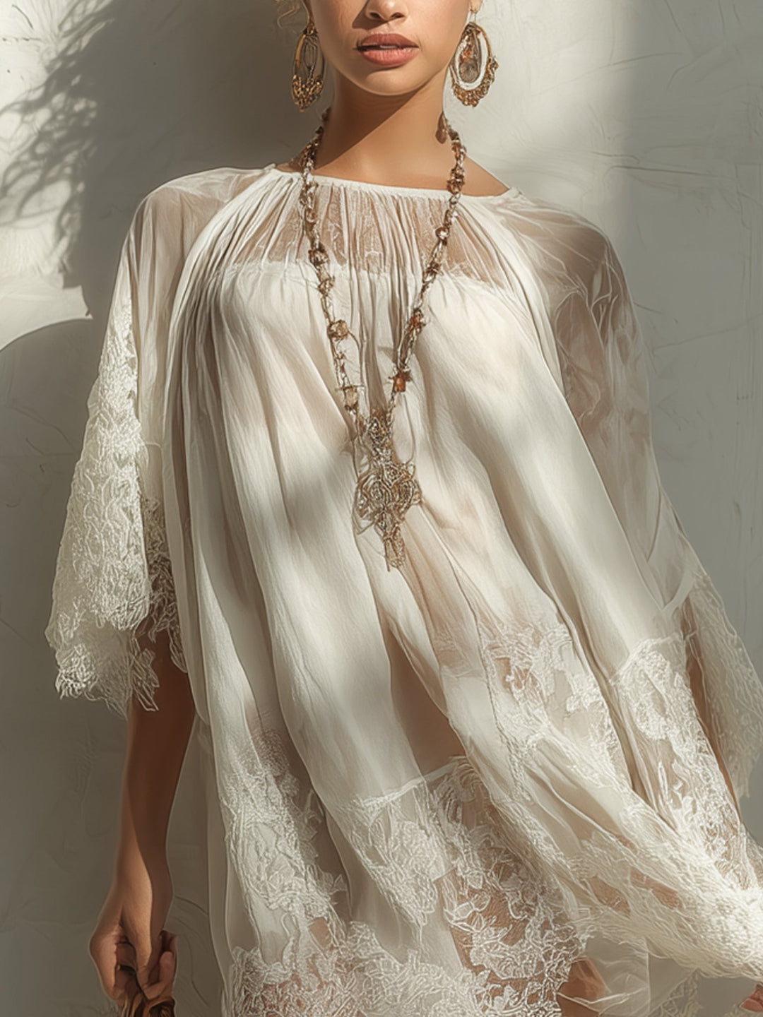 White Chiffon Mini Dress with Lace