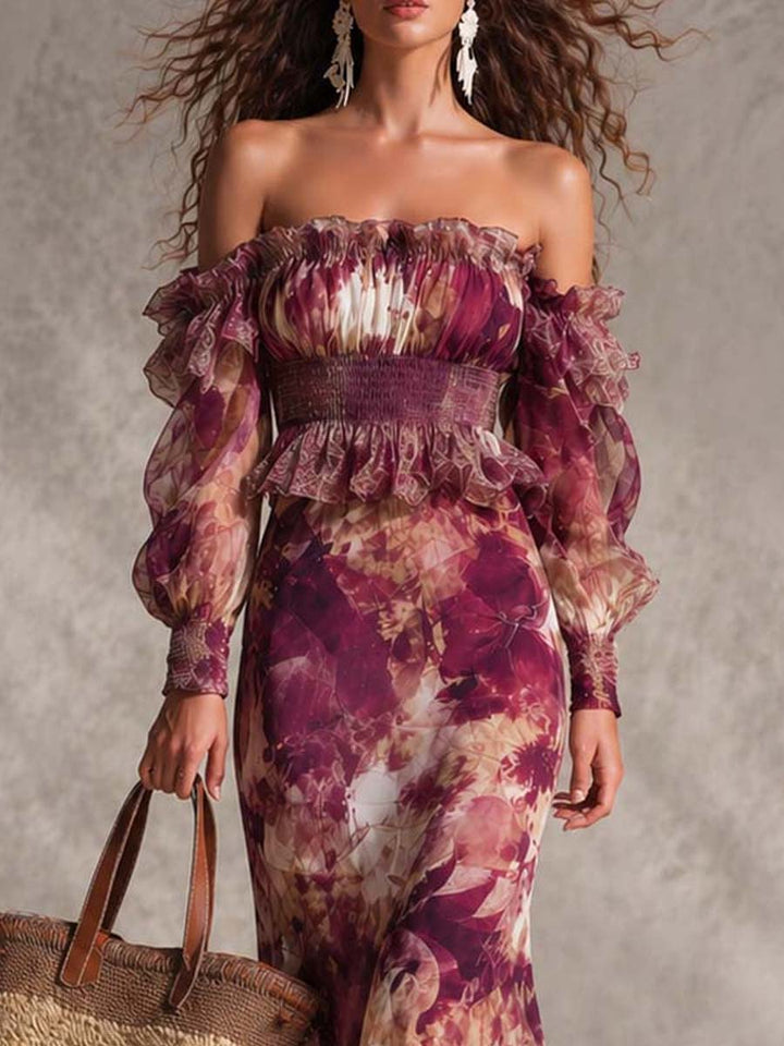 Pale Pink Off-Shoulder Maxi Chiffon Dress with Flowers