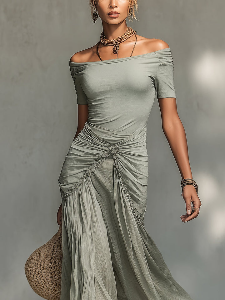 Freya | Grey Off-Shoulder Chiffon Maxi Dress