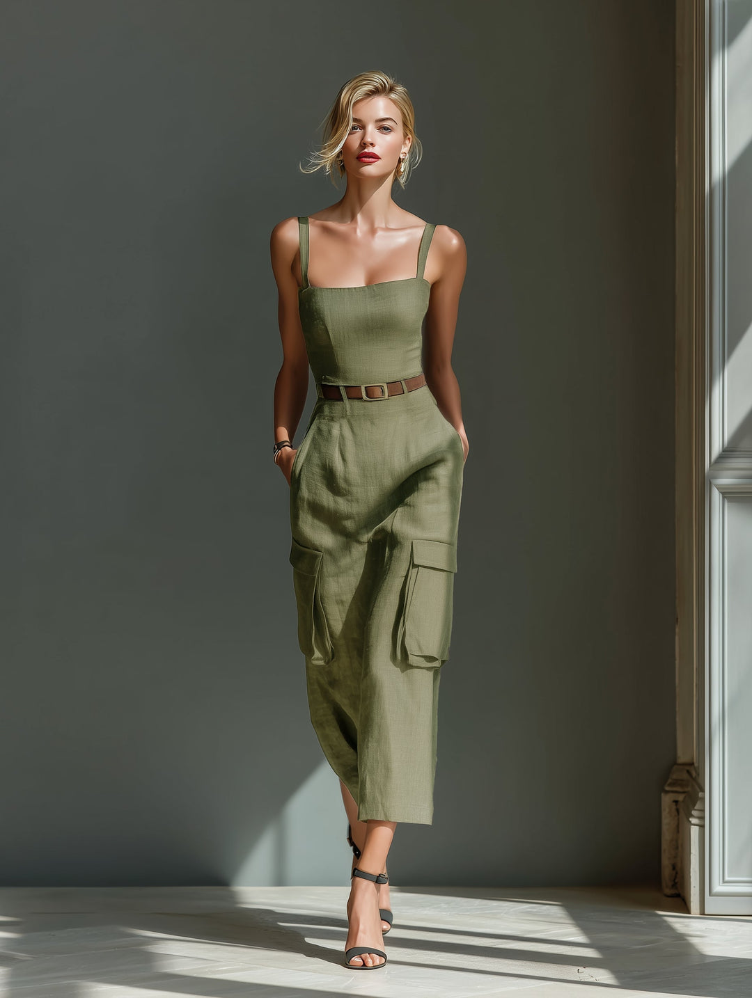 Olive Utility Midi Dress (with belt)