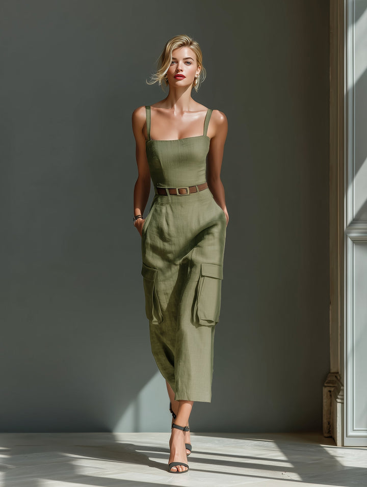Olive Utility Midi Dress (with belt)