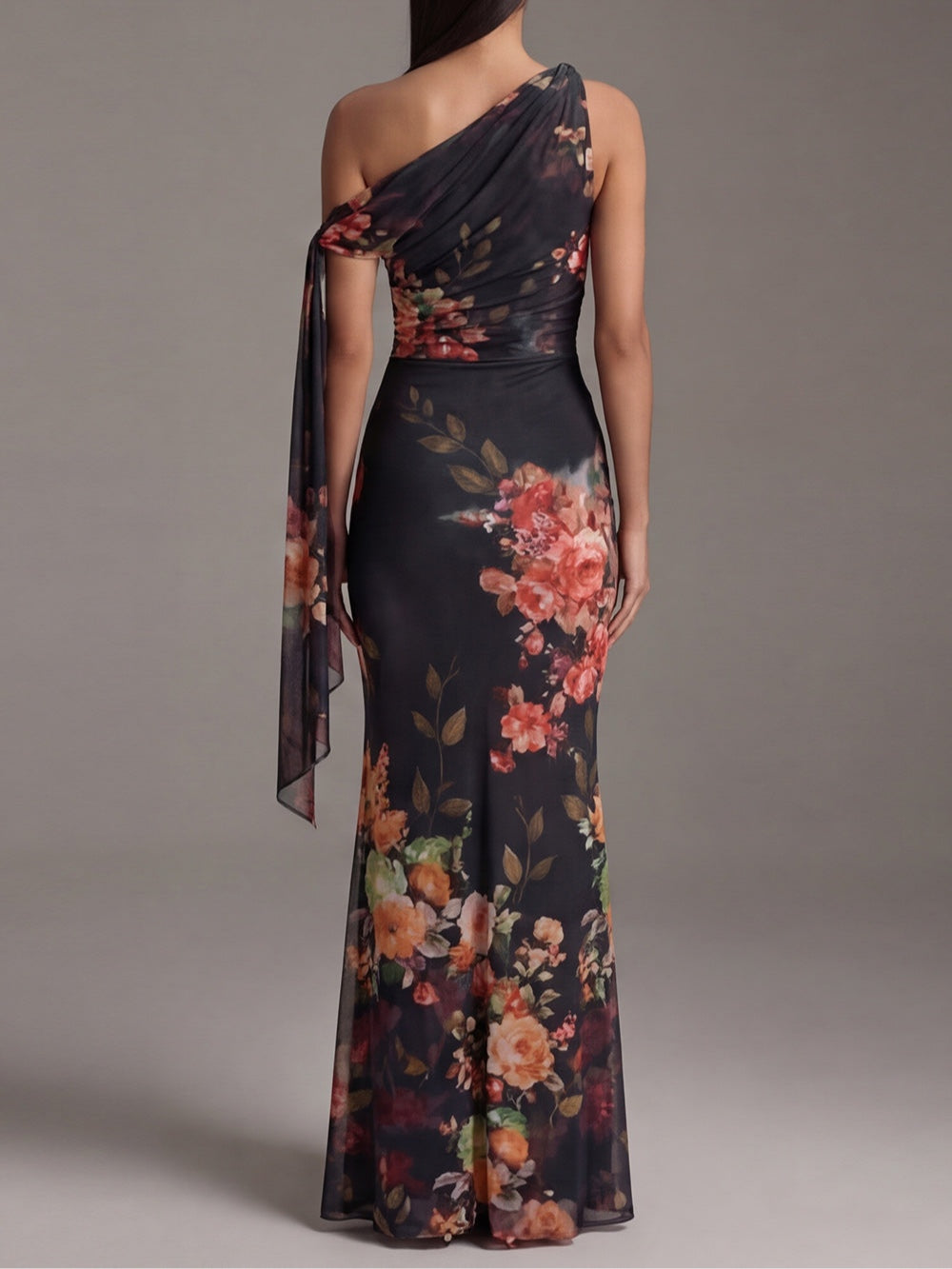 Black Printed Chiffon Pleated Maxi Dress with One Shoulder