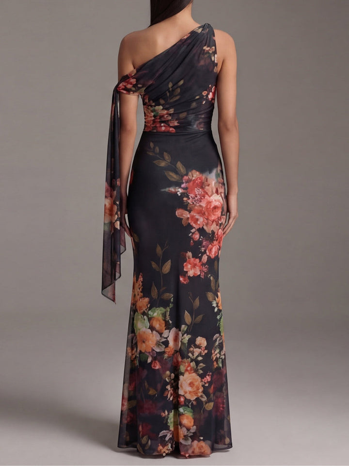 Black Printed Chiffon Pleated Maxi Dress with One Shoulder