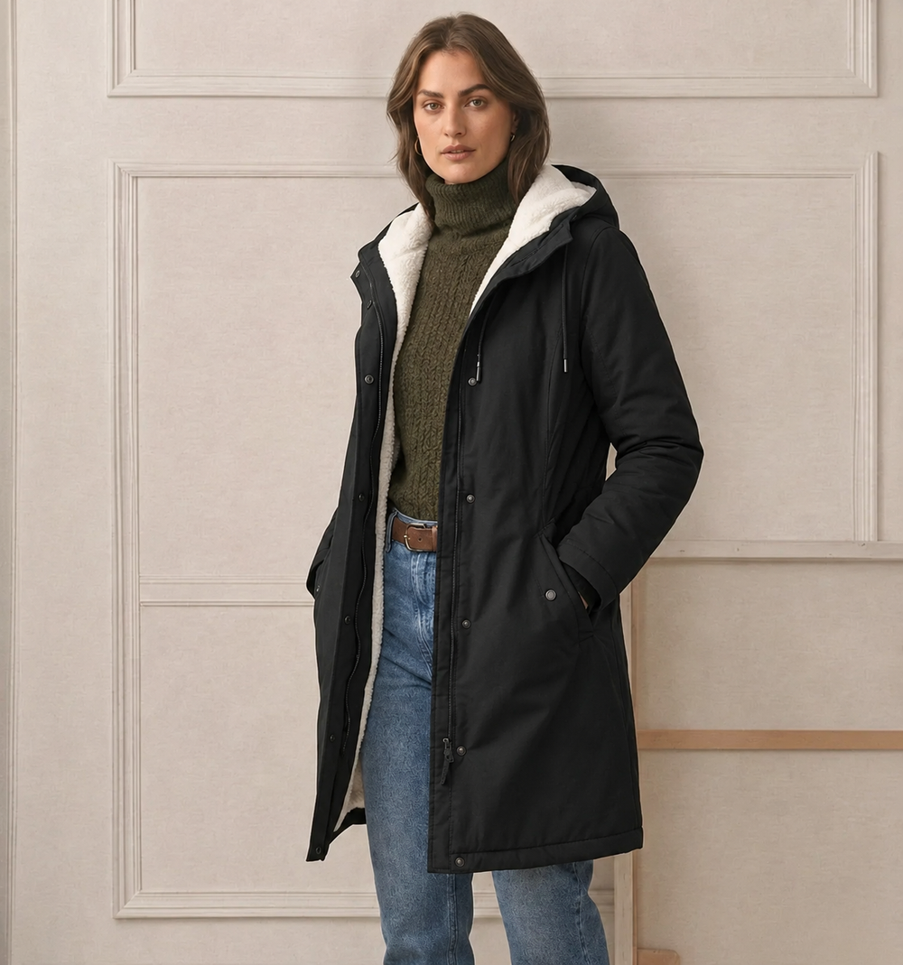 Black padded hooded parka with sherpa lining, zip front, and two side pockets