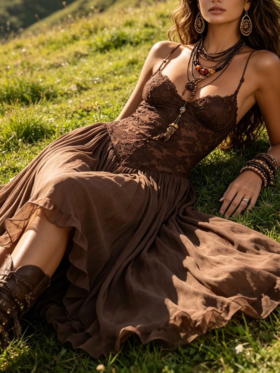 Theodora | Dark Brown Lace-Paneled Chiffon Maxi Dress