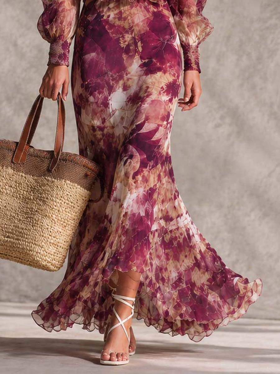 Pale Pink Off-Shoulder Maxi Chiffon Dress with Flowers