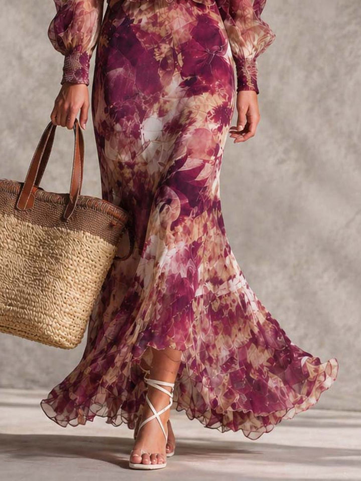Pale Pink Off-Shoulder Maxi Chiffon Dress with Flowers