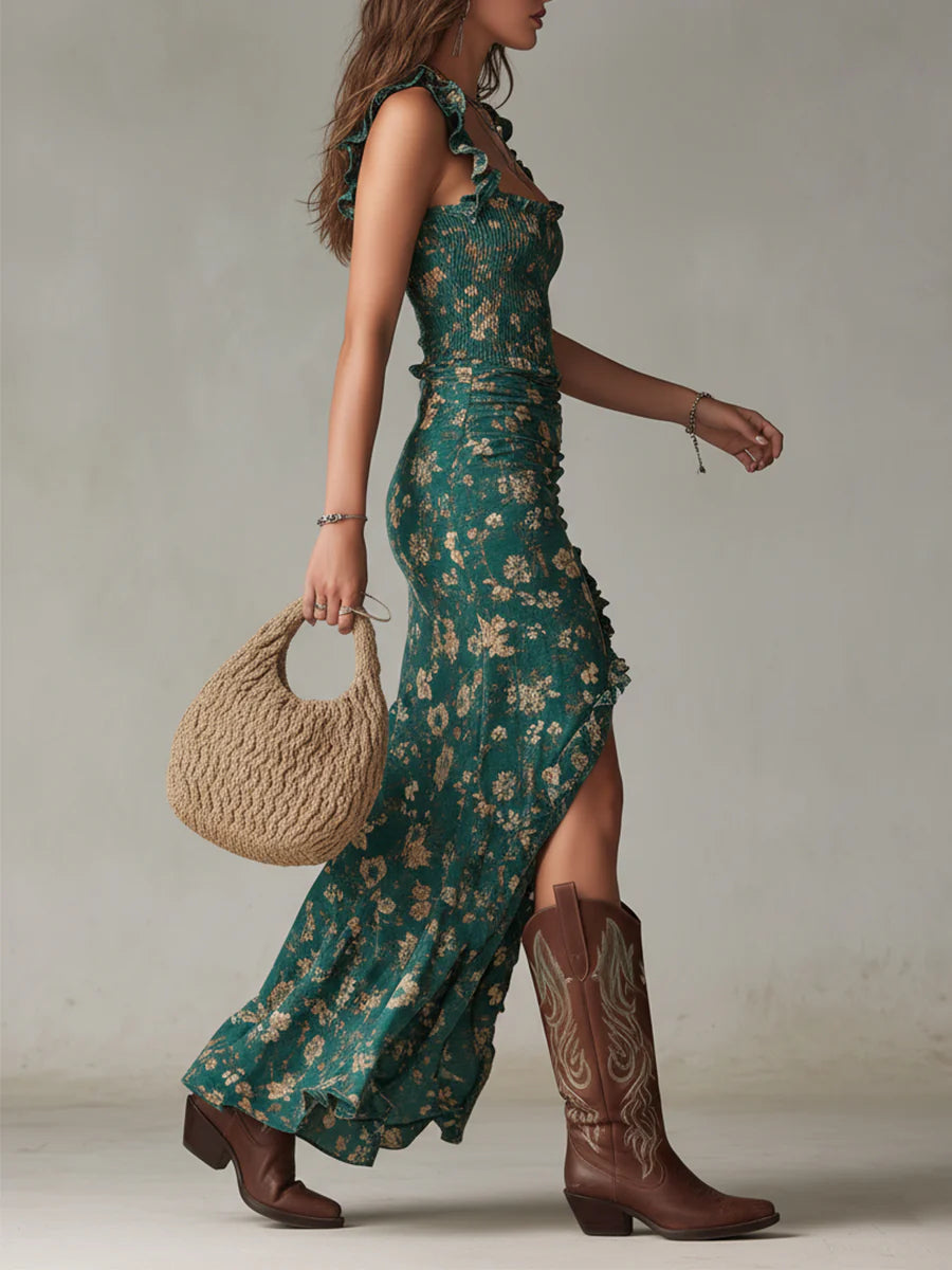 Verity | Bohemian Green Printed Maxi Dress