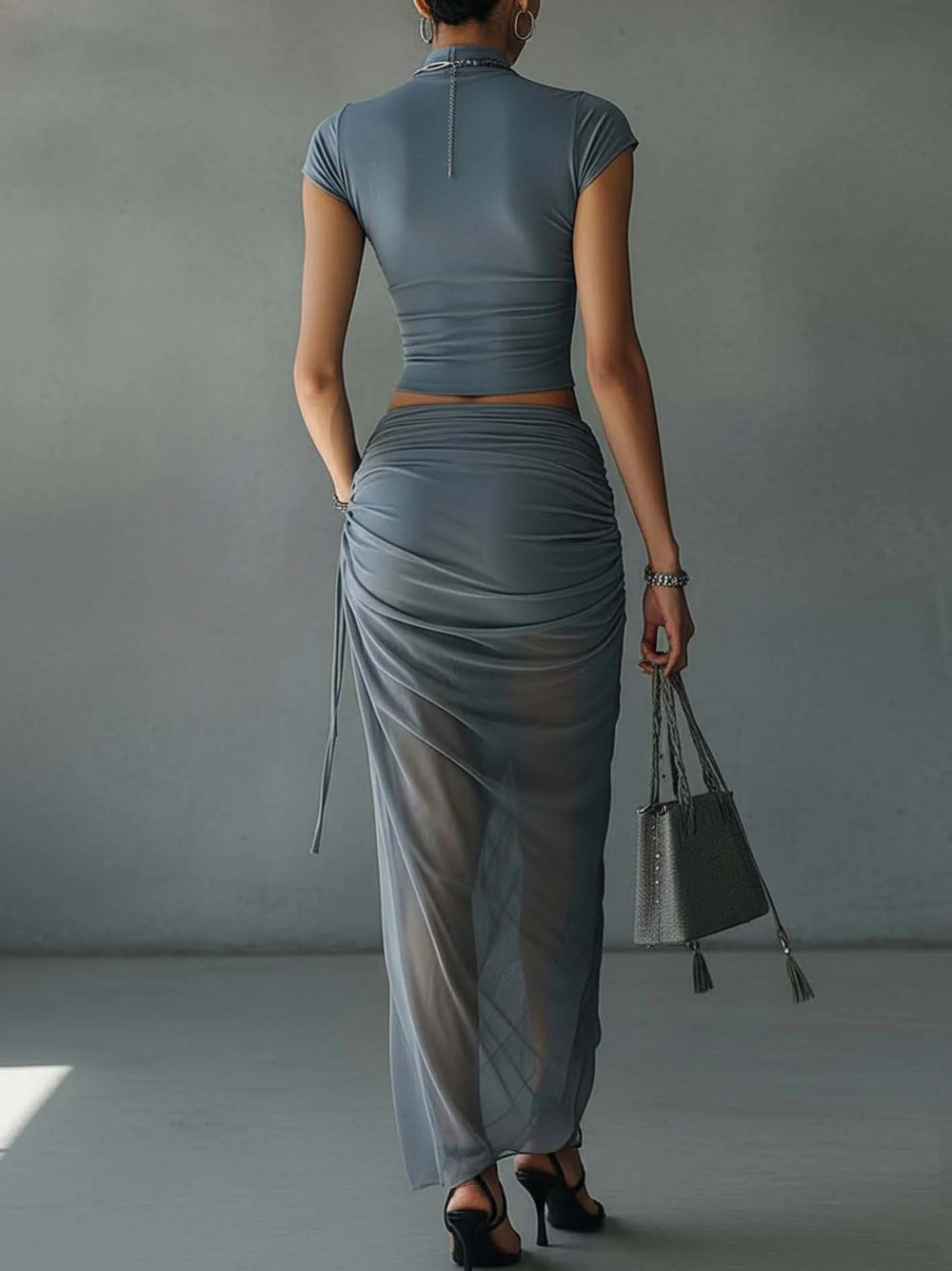 Blue back view cropped T-shirt; draped sheer mesh midi skirt with tie detail