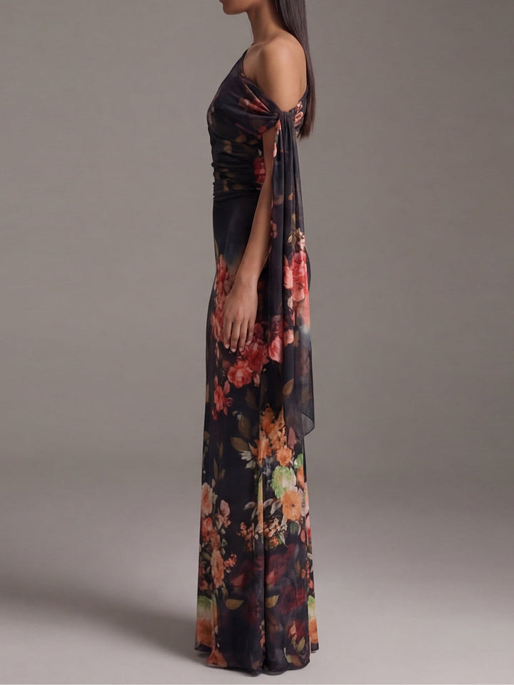 Black Printed Chiffon Pleated Maxi Dress with One Shoulder