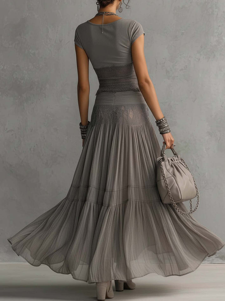 Grey Top in Transparent Lace with Panels and Pleated Maxi Skirt Set