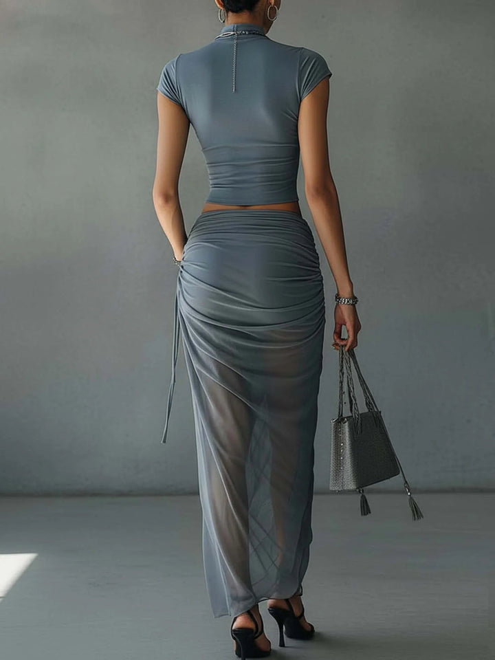 Set of Short Blue T-Shirts and Draped Skirt in Sheer Mesh