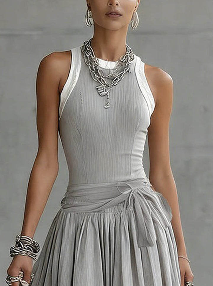 Grey Ribbed Set - Sculpted Top and Draped Midi Skirt