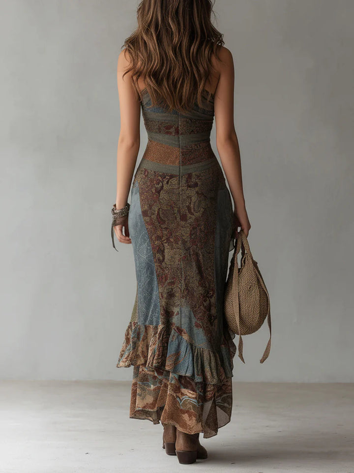Maxi Printed Ethnic Style Dress with One Shoulder and High Split