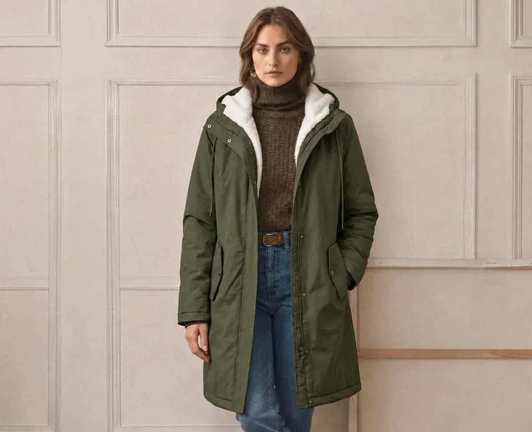 Forest green waterproof hooded parka jacket with sherpa-style lining and front pockets
