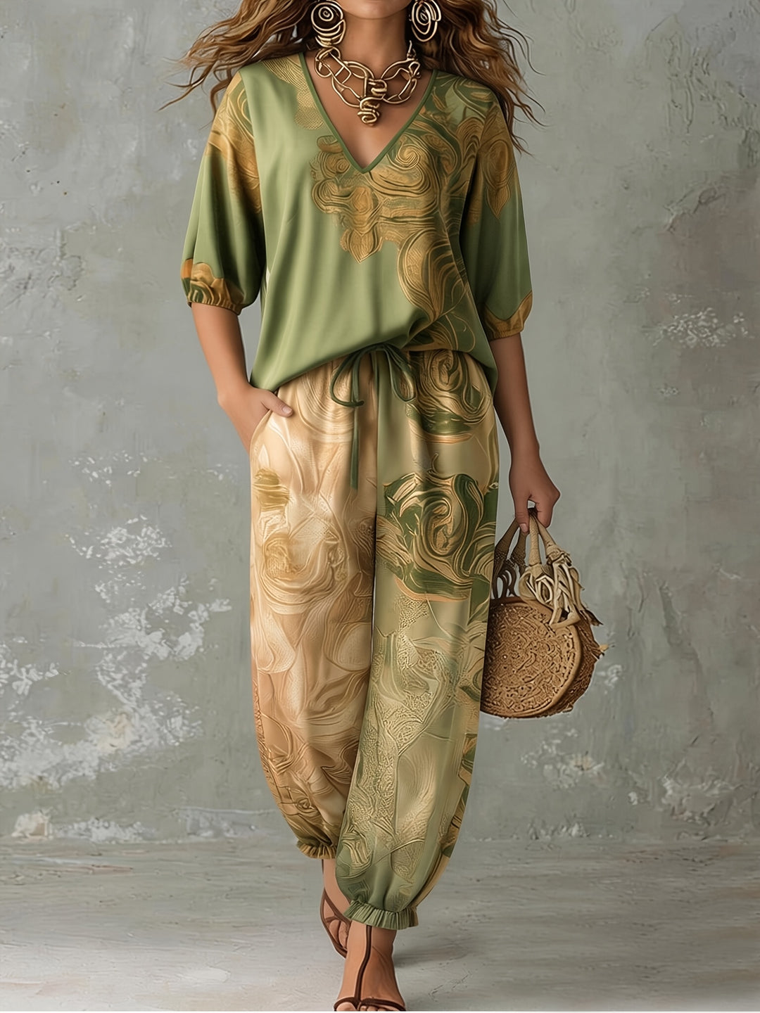 Genevieve | V-Neck Top & Cuffed Wide-Leg Trousers Set
