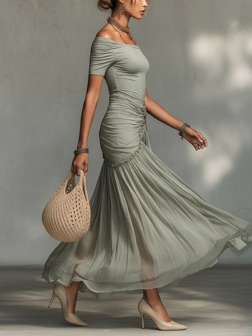 Freya | Grey Off-Shoulder Chiffon Maxi Dress