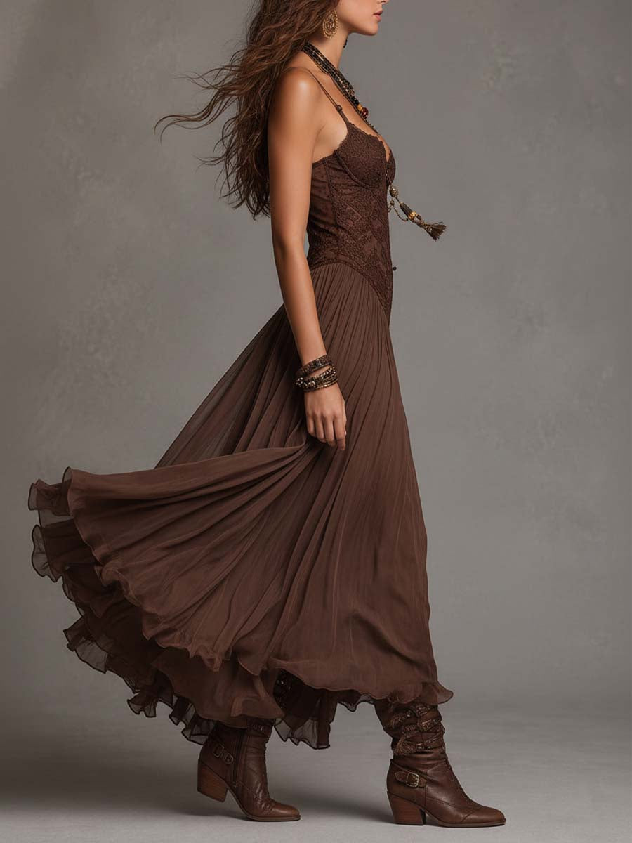 Theodora | Dark Brown Lace-Paneled Chiffon Maxi Dress