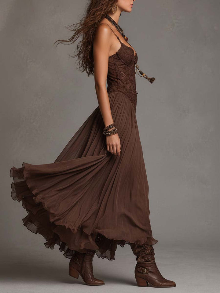 Theodora | Dark Brown Lace-Paneled Chiffon Maxi Dress