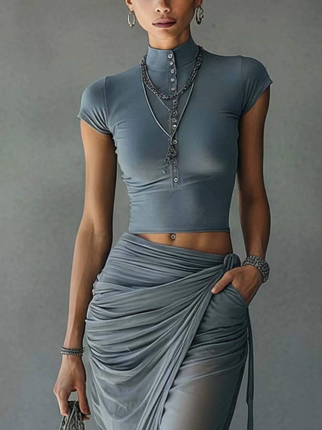Set of Short Blue T-Shirts and Draped Skirt in Sheer Mesh