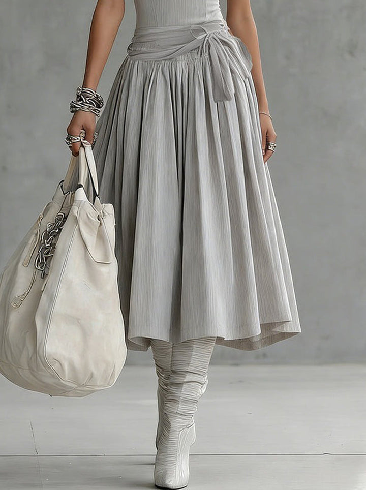 Grey Ribbed Set - Sculpted Top and Draped Midi Skirt