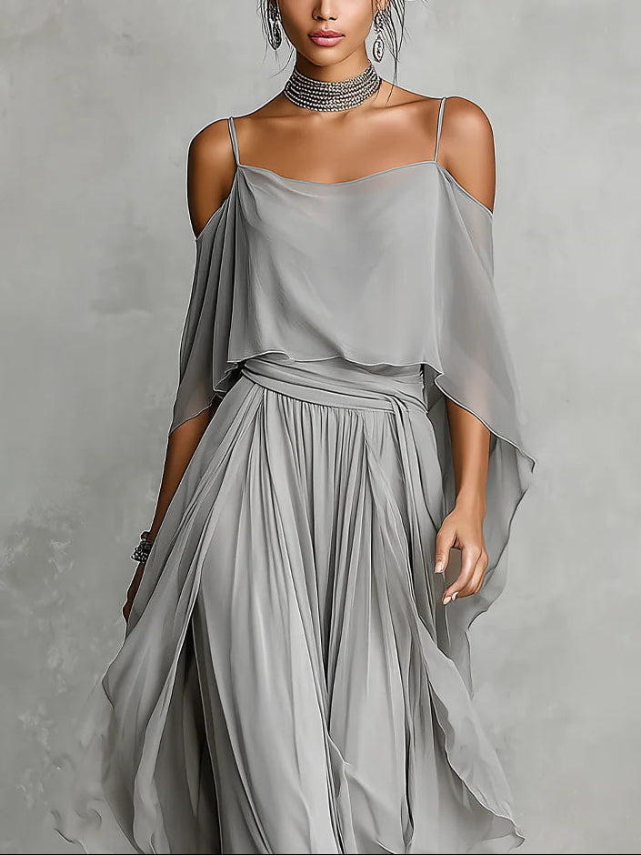 Grey chiffon set with a fluid strapless top and trousers