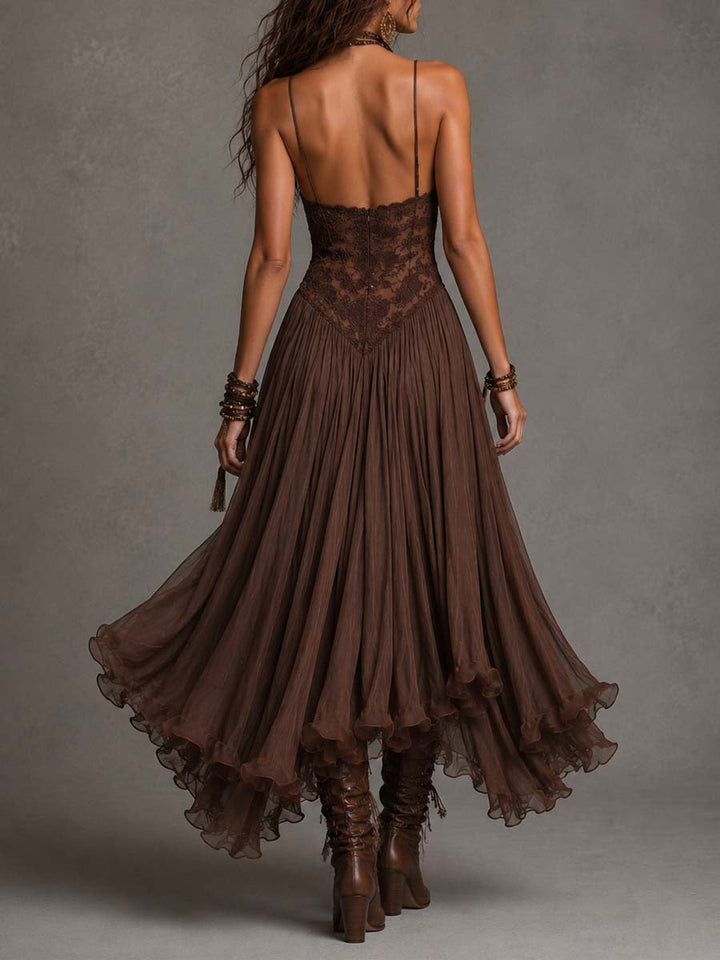 Theodora | Dark Brown Lace-Paneled Chiffon Maxi Dress