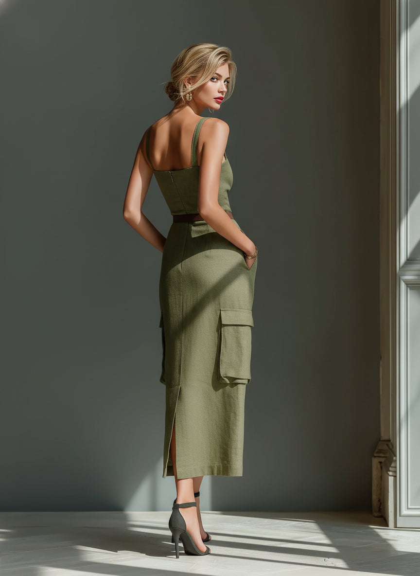 Olive Utility Midi Dress (with belt)