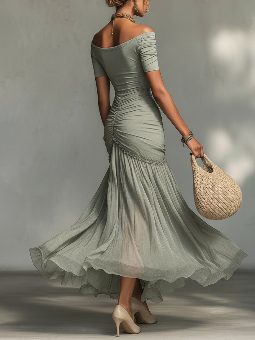 Freya | Grey Off-Shoulder Chiffon Maxi Dress