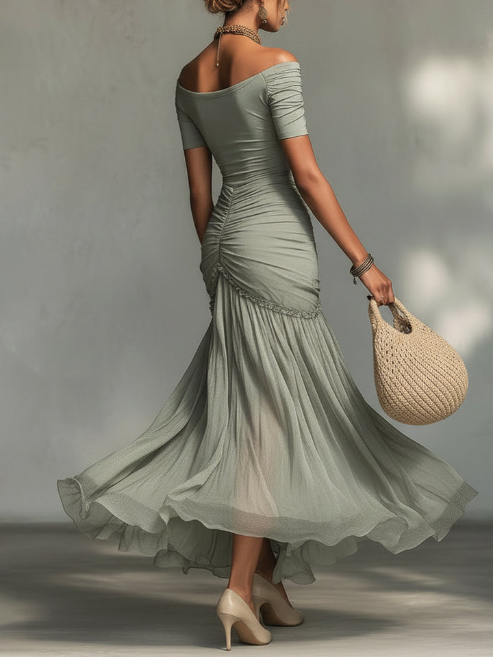 Freya | Grey Off-Shoulder Chiffon Maxi Dress