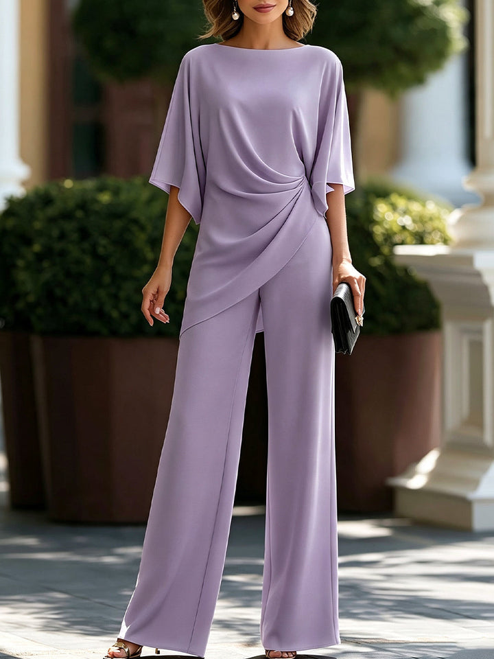 Lavender draped blouse and wide-leg trousers set with crossover side ruching
