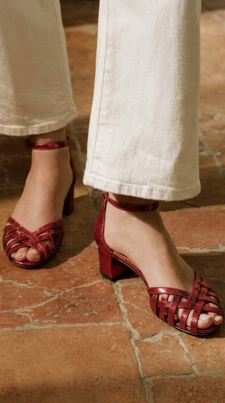 Wide Peep Toe Woven Gold Heels with Ankle Strap and Buckle