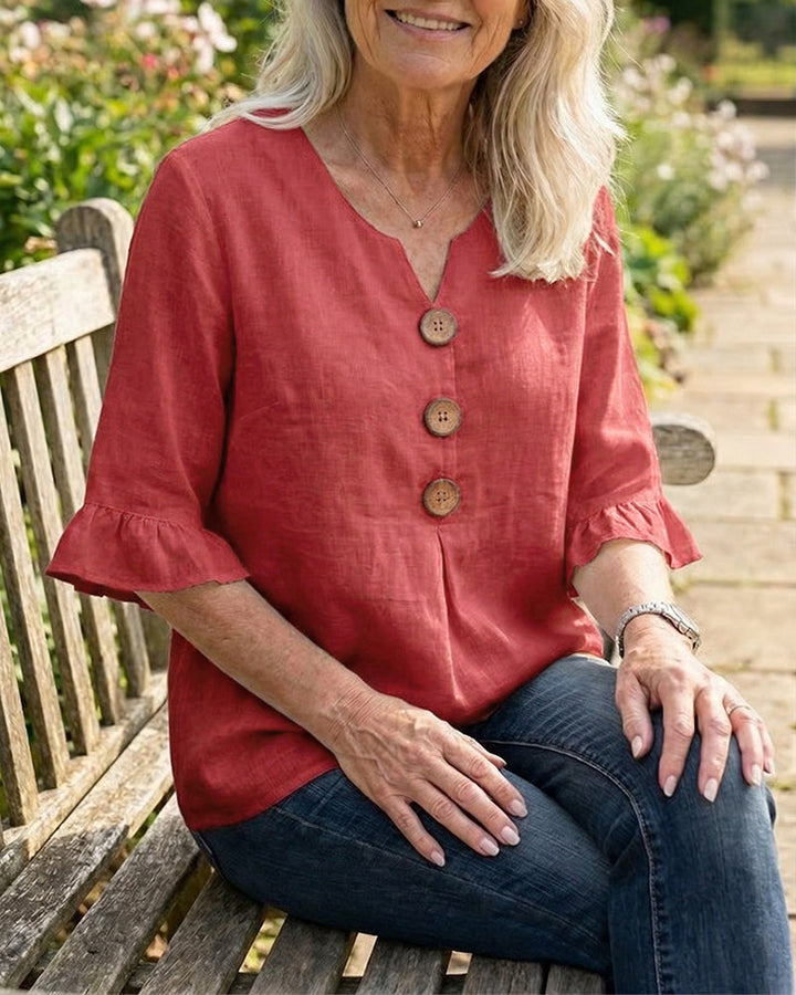 Sophia Solid Colour Blouse with Wooden Buttons and Ruffles