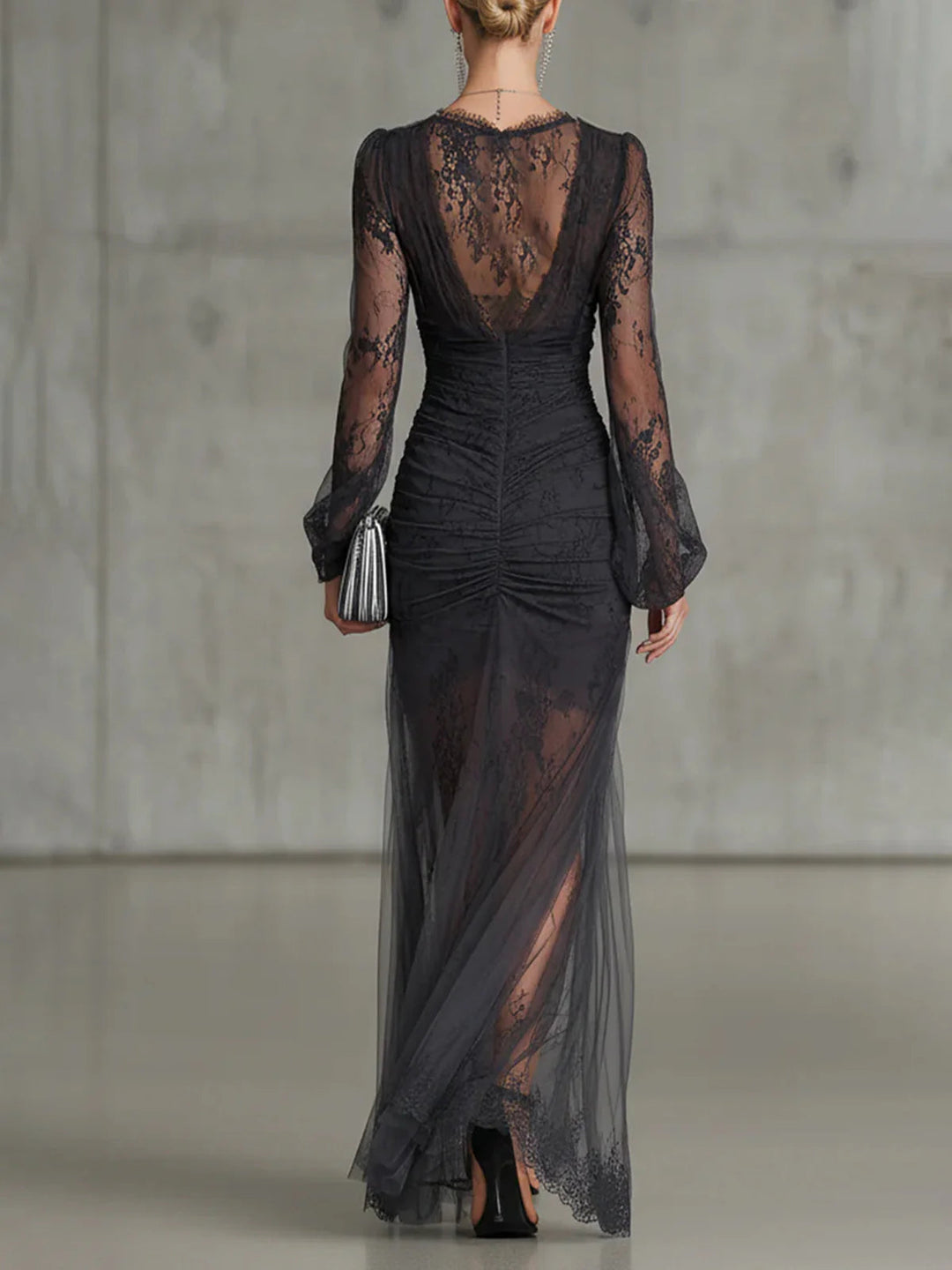 Dark Grey Long Maxi Dress in Lace with Long Ruffled Sleeves and V-Neck