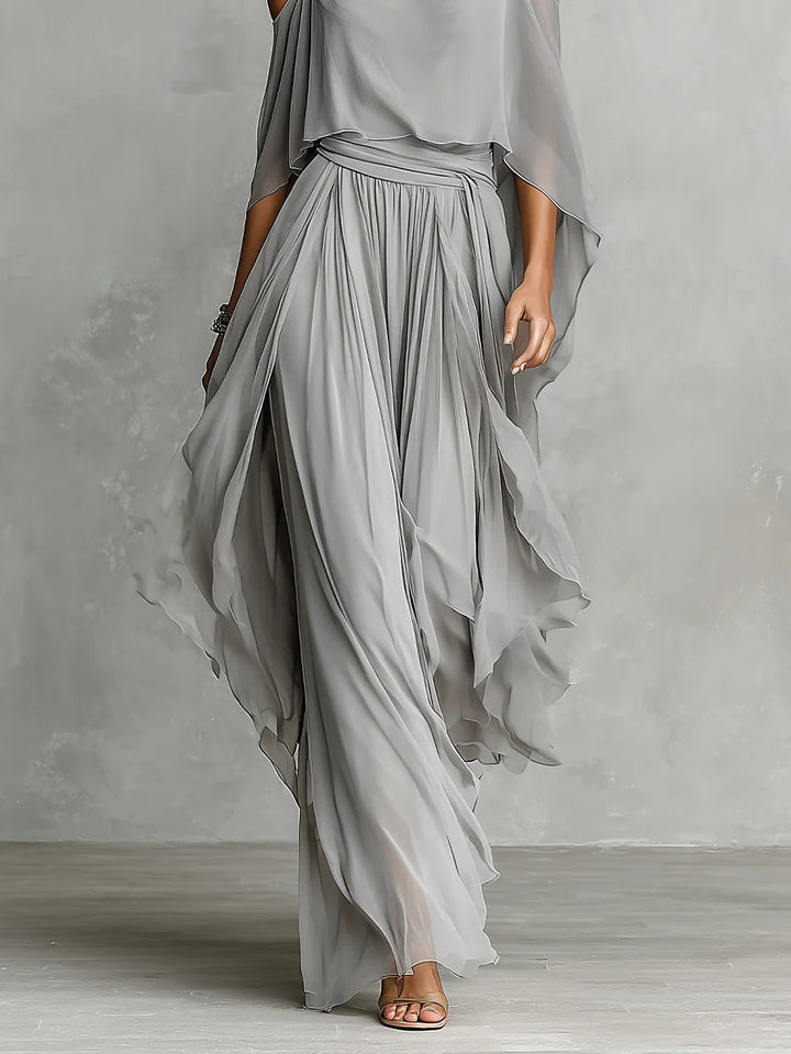 Grey chiffon set with a fluid strapless top and trousers