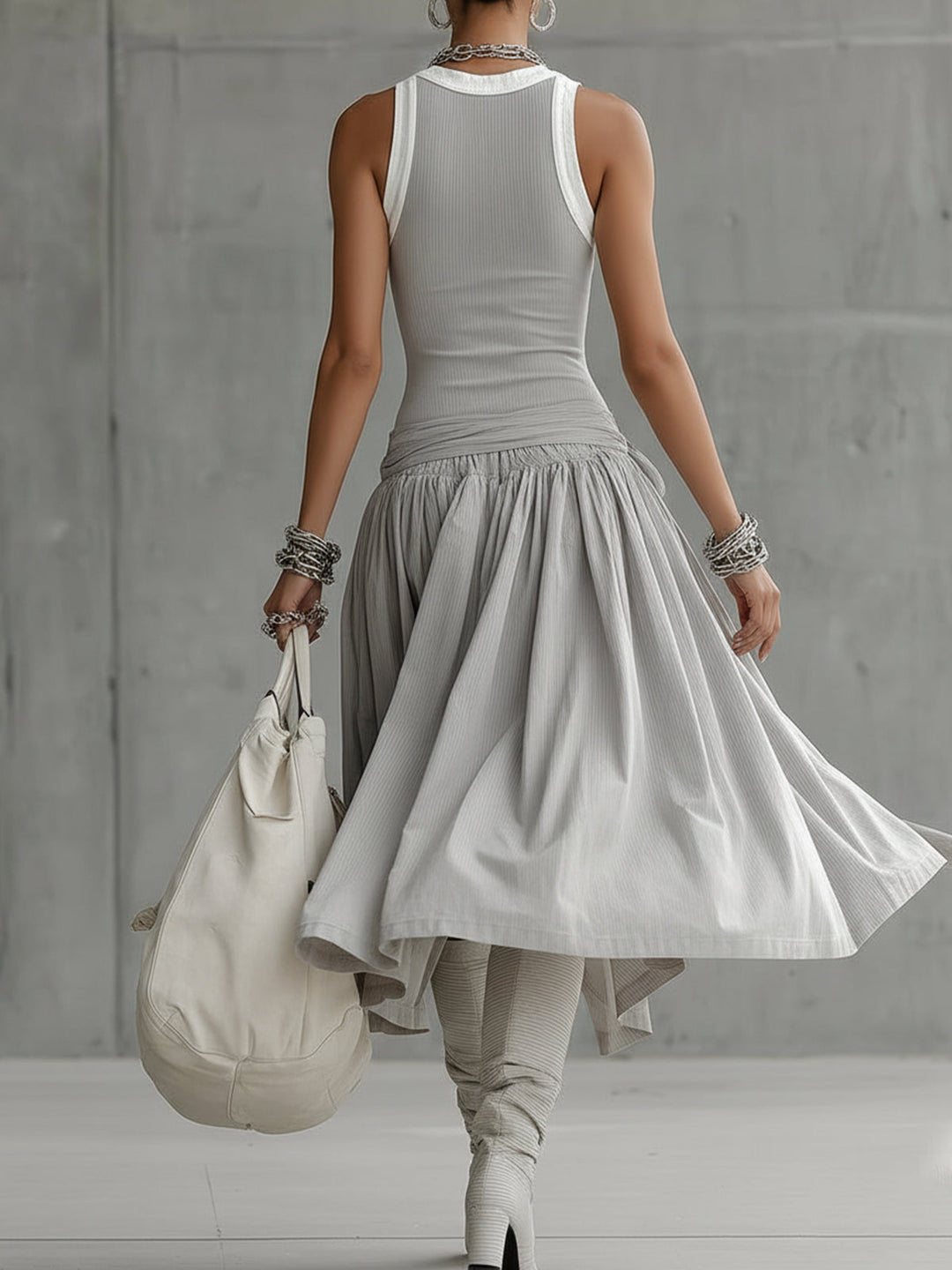 Grey Ribbed Set - Sculpted Top and Draped Midi Skirt