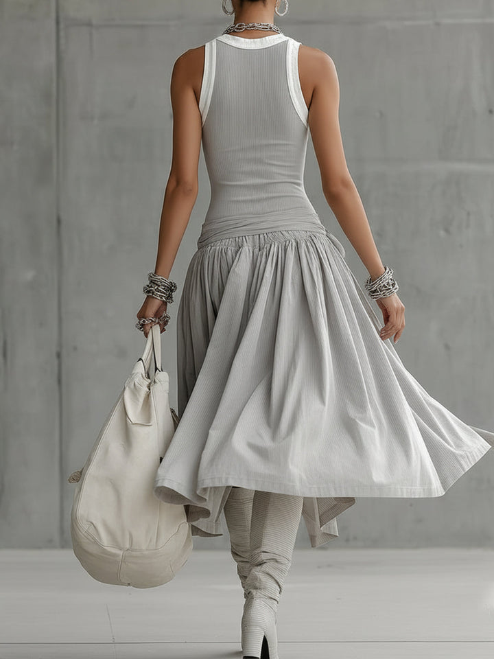 Grey Ribbed Set - Sculpted Top and Draped Midi Skirt